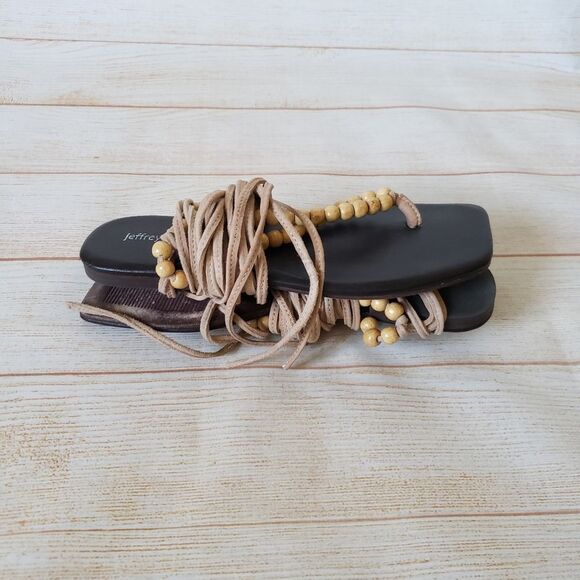 Jeffrey Campbell Leather Xeniah Beaded Ankle Strap Flat Sandal Brown Size 7/38 - Picture 5 of 13